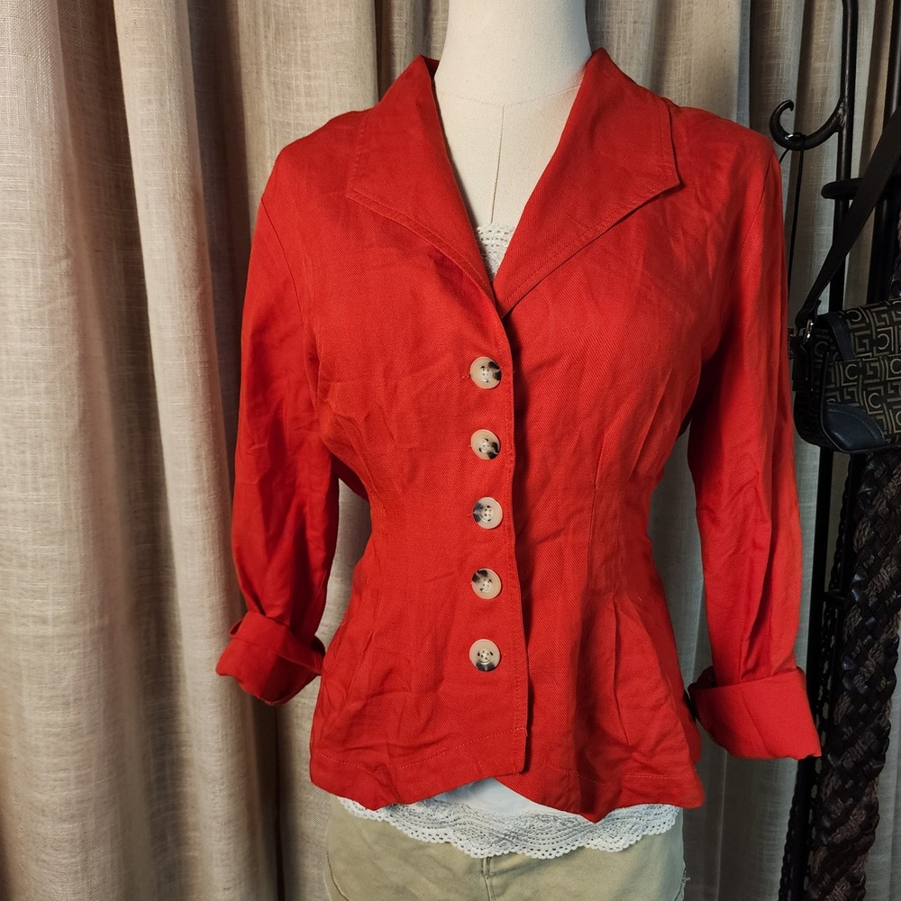 Maeve Anthropologie Red Button Front Tailored Jacket Size 10 Textured Peplum Top